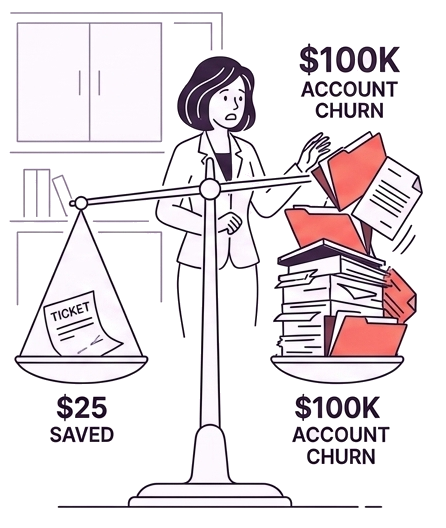 A scale weighing a single $25 support ticket against a towering stack of files labelled $100K account churn.