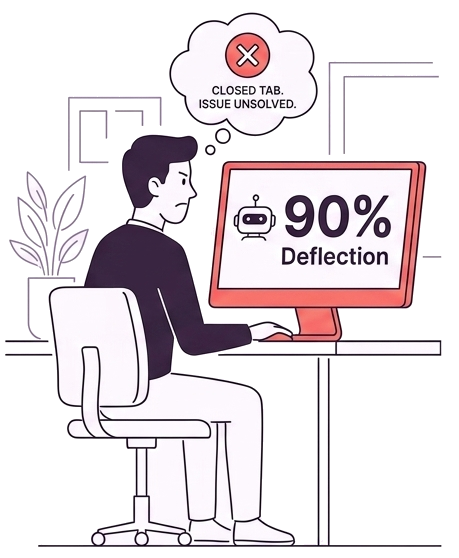A customer at their desk facing a dashboard reading 90% Deflection, thinking: closed tab, issue unsolved.